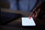 Social media, mockup phone and hands of a woman typing for communication in the dark at work. Contact, space and employee scrolling on a mobile screen for chat, news and information late at night