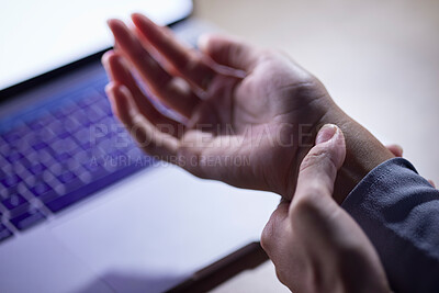 Buy stock photo Office, wrist injury and hands with pain after accident while typing on laptop in workplace. Carpal tunnel syndrome, strain and business woman with fibromyalgia, arthritis or inflammation in company.