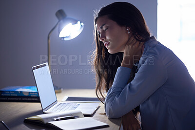 Buy stock photo Business woman at desk, neck pain and burnout, stress and corporate fatigue, laptop mockup and glitch. Work night, overtime and deadline problem, 404 and muscle tension, overworked and frustration