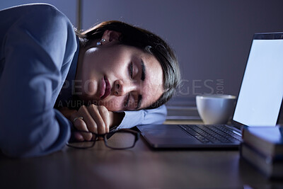 Buy stock photo Tired, sleep and business woman in office resting after working on laptop mockup at night. Sleeping, relax and female employee with fatigue, burnout or exhausted, overworked and nap, asleep or sleepy