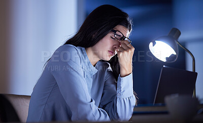 Buy stock photo Business woman at desk, headache and stress with burnout, corporate fatigue and laptop glitch. Work night, overtime and deadline problem, 404 and glasses with vision fail, overworked and frustrated