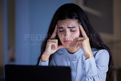 Buy stock photo Business woman, stress and headache with burnout, corporate fatigue and laptop glitch with mental health. Working night, overtime and deadline problem, 404 and depression, overworked and frustrated