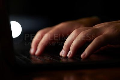 Buy stock photo Laptop, typing and hands in dark room for information technology, programming and coding digital developer. Person on computer closeup at night for software development, tech research and working