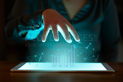 Buy stock photo Hand, tablet and hologram graph in night at office for fintech, cybersecurity and data analytics at desk. Woman, finance expert and 3d holographic chart for growth, stock market research and software