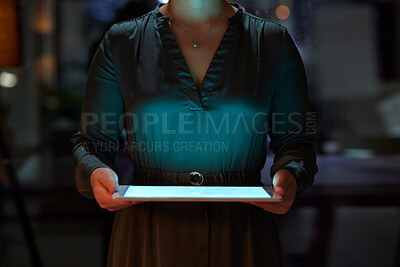 Buy stock photo Overtime, hands of woman with tablet, light and internet search, working late on digital design project. Dark night at office, website designer in creative startup, online market research report.