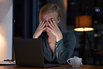 Headache, stress and woman on laptop at night project deadline, mental health risk and anxiety problem. Sad, depression and burnout of tired business person, employee or worker fatigue or frustrated