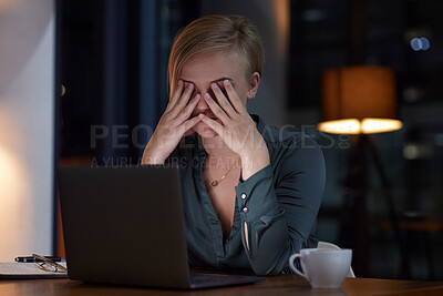 Buy stock photo Headache, stress and woman on laptop at night project deadline, mental health risk and anxiety problem. Sad, depression and burnout of tired business person, employee or worker fatigue or frustrated