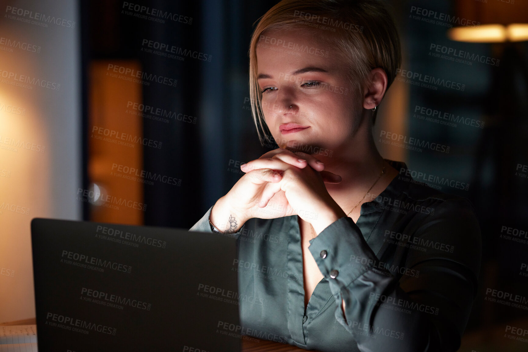 Buy stock photo Night, laptop and thinking with woman in office for overtime, planning and strategy idea. Digital, technology and internet with employee and deadline at desk for goals, management solution and email