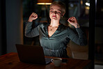Young woman stretching at desk for night health, muscle wellness and calm energy with work life balance. business worker, employee or person on laptop at office with relax, healing and self care