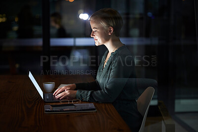 Buy stock photo Night, laptop and search with woman in office for planning, overtime and corporate strategy. Deadline, technology and email with employee typing proposal at desk for business, trading and internet
