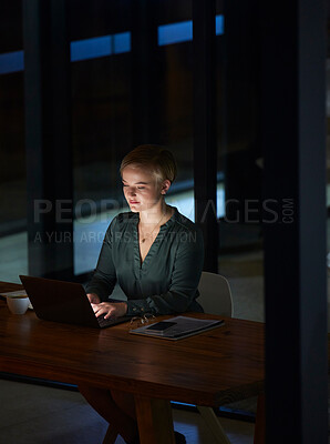 Buy stock photo Night, laptop and serious with business woman in office for planning, overtime and corporate strategy. Deadline, technology and email with employee typing at desk for proposal, trading and internet