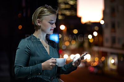 Buy stock photo Night, woman and smartphone with connection, typing for social media and online reading. Female with coffee, lady or cellphone for communication, texting or check emails with mobile, dark or chatting