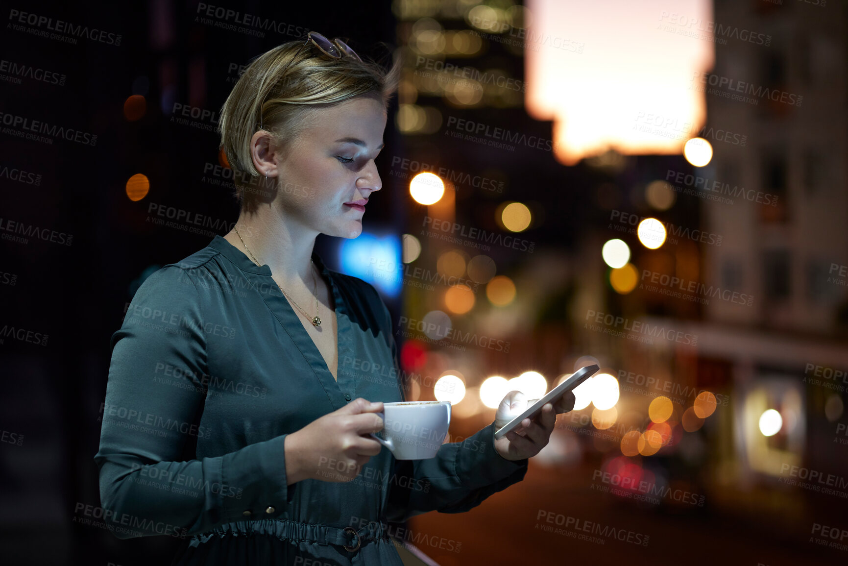 Buy stock photo Night, woman and smartphone with connection, typing for social media and online reading. Female with coffee, lady or cellphone for communication, texting or check emails with mobile, dark or chatting