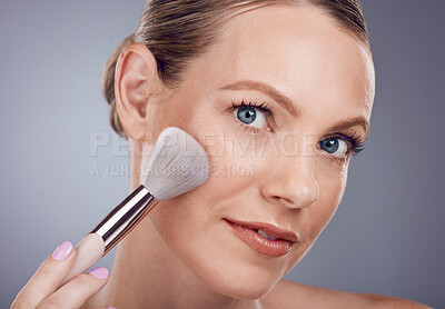 Buy stock photo Face, brush for makeup and woman in portrait, beauty and skin glow and foundation on studio background. Powder, cosmetics tools and skincare with shine, cosmetology and cosmetic care zoom