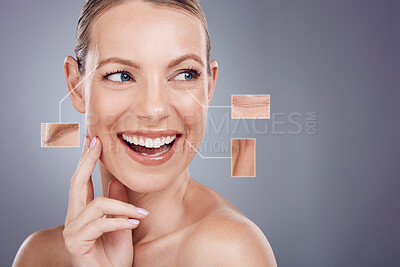 Buy stock photo Woman, face and closeup of wrinkles, texture or anti aging facial treatment against a gray studio background. Female with smile for skincare zoom, icons or graphic in detail cosmetics or dermatology