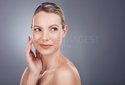 Buy stock photo Beauty, skincare and mockup with face of woman for cosmetics, self care and glow. Dermatology, facial and spa treatment with model for wellness, aesthetic and makeup in gray background studio