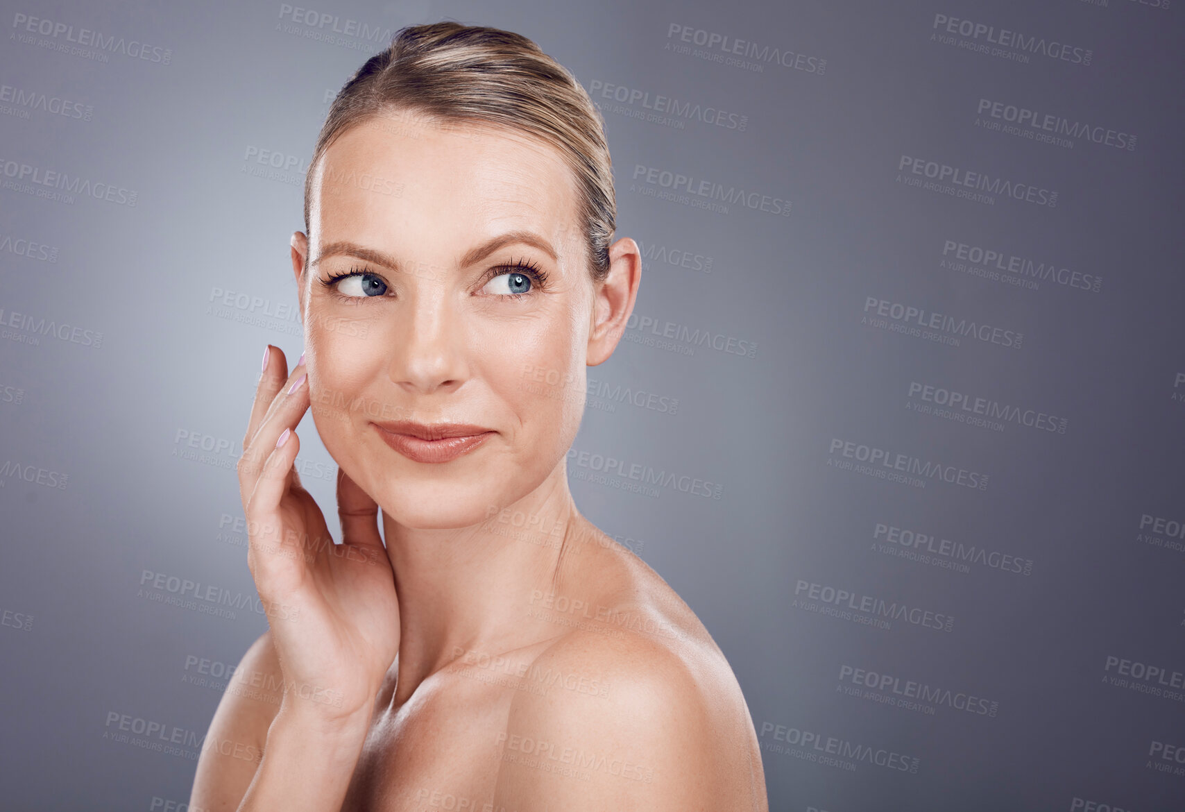 Buy stock photo Beauty, skincare and mockup with face of woman for cosmetics, self care and glow. Dermatology, facial and spa treatment with model for wellness, aesthetic and makeup in gray background studio