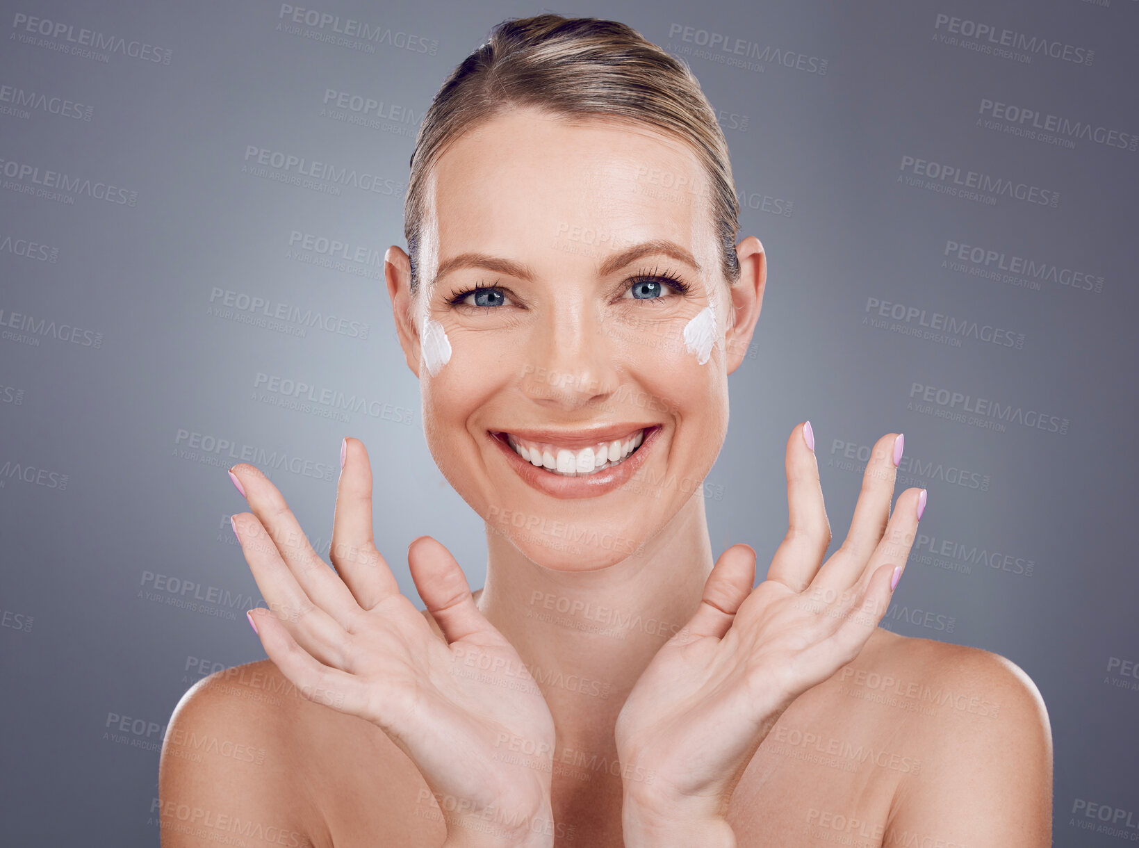 Buy stock photo Skincare, facial cream and portrait of woman on gray background for wellness, cosmetics and treatment. Beauty, dermatology and happy girl smile with lotion, face moisturizer and anti aging products