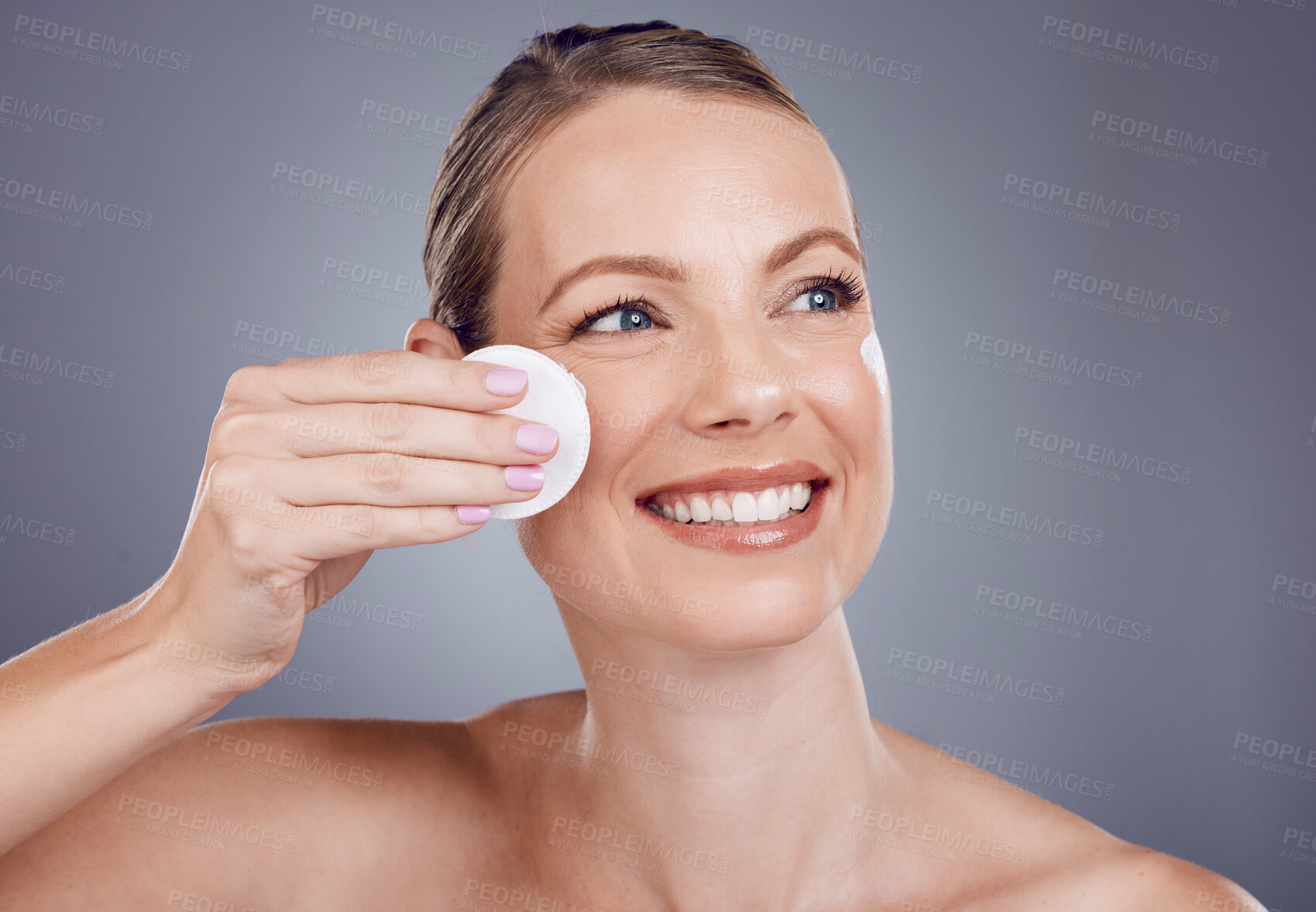 Buy stock photo Cotton swab, skincare and face of woman on gray background for wellness, cosmetics and facial treatment. Beauty, dermatology and happy girl with pads for makeup removal, spa products and cleaning