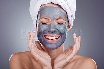 Buy stock photo Woman, clay makeup and beauty mask of facial, detox dermatology and studio background. Happy female model, charcoal skincare product and face cosmetics for shine, glow and aesthetic transformation 
