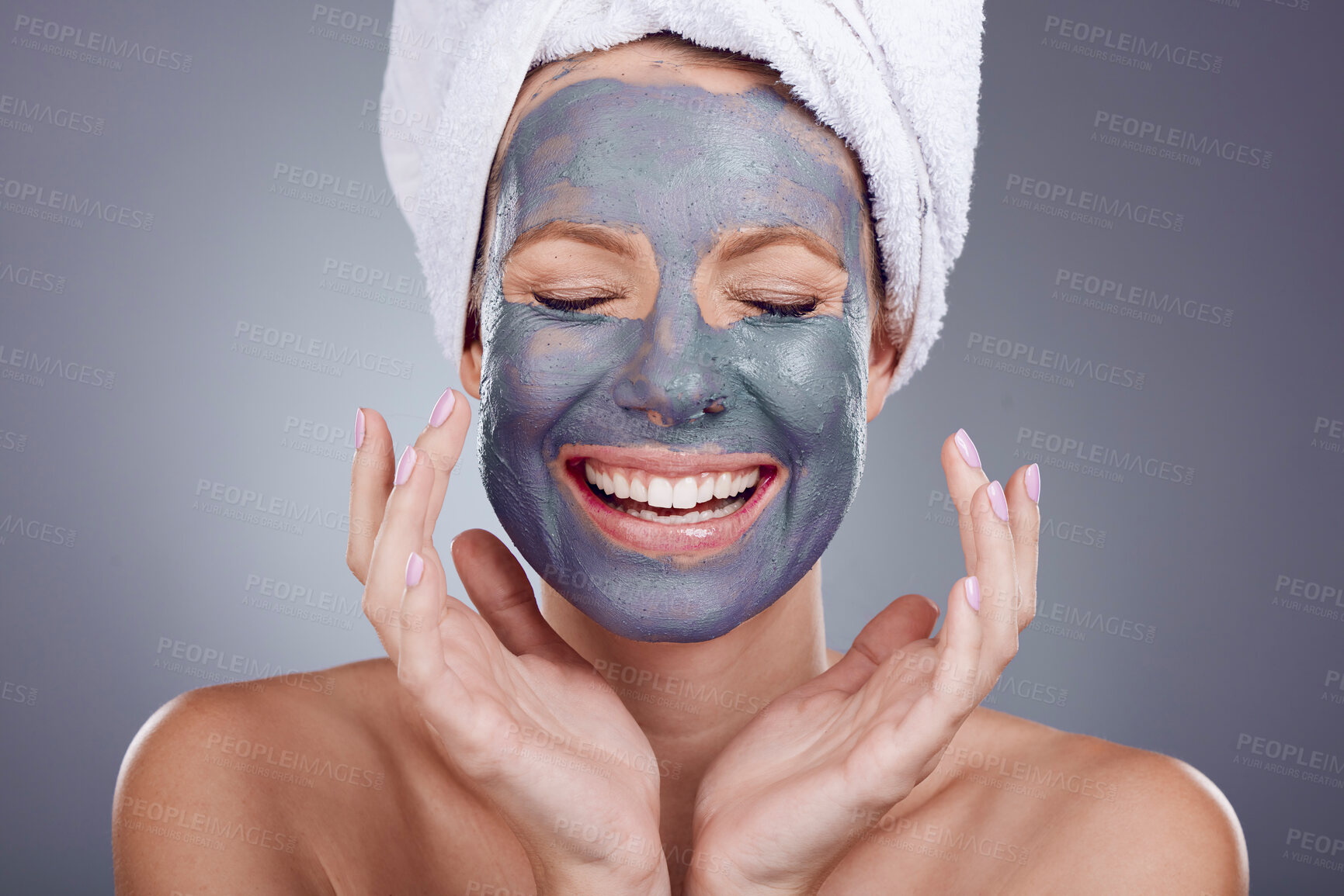 Buy stock photo Woman, clay makeup and beauty mask of facial, detox dermatology and studio background. Happy female model, charcoal skincare product and face cosmetics for shine, glow and aesthetic transformation 