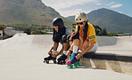 Friends at skate park, urban and rollerblading with sports outdoor, fun and ready for skating in city with helmet for safety. Young, black man and woman with exercise, extreme sport and lifestyle