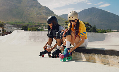 Buy stock photo Friends at skate park, urban and rollerblading with sports outdoor, fun and ready for skating in city with helmet for safety. Young, black man and woman with exercise, extreme sport and lifestyle