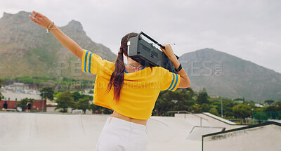 Buy stock photo Radio, dance and woman with a boombox in the city listening to music, moving and having fun. Freedom, hip hop and female dancing with energy to a song, album or playlist on a speaker in a urban town.