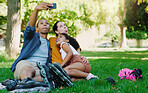Interracial parents selfie, girl and park with funny face, rollerblades and family profile picture, happy or holiday. Black man, mom and kid for relax, hug and diversity for social network on lawn
