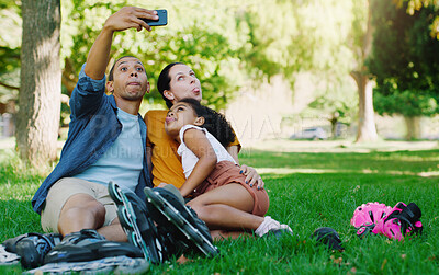 Buy stock photo Interracial parents selfie, girl and park with funny face, rollerskate and family profile picture, happy or holiday. Black man, mother and kid for relax, hug and diversity for social network photo