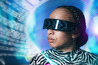 Buy stock photo Serious black woman, metaverse or virtual reality glasses with overlay for digital transformation. Face with vr tech for hologram for cyber or 3d world for big data, information technology and coding