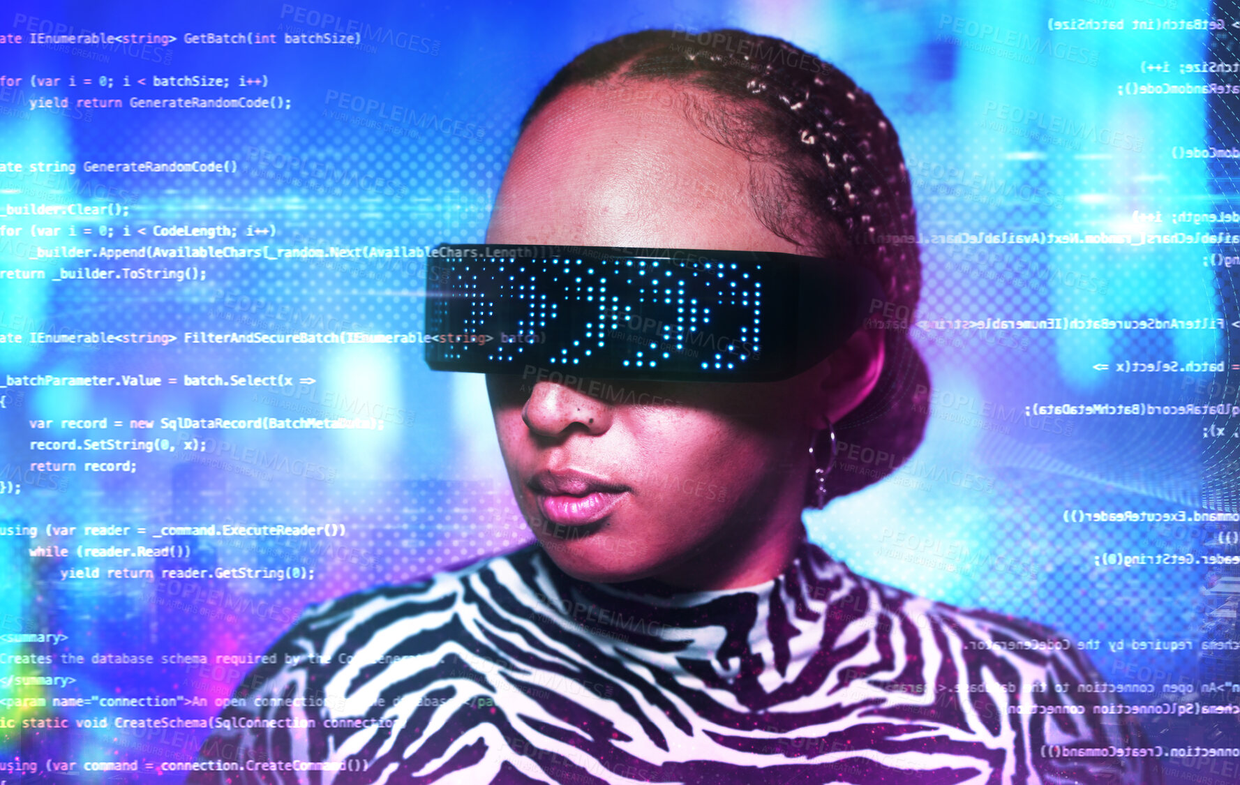 Buy stock photo Woman, metaverse and virtual reality glasses with overlay for digital transformation. Person face with vr tech for ar hologram for cyber and 3d world for big data, information technology and coding