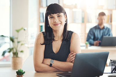 Buy stock photo Portrait, smile and business woman with arms crossed in office ready for company goals. Leader, boss and happy or confident female entrepreneur from Canada with vision, mission or success mindset.