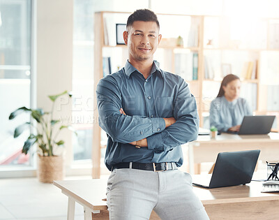 Buy stock photo Portrait, arms crossed and business man in office ready for company goals in workplace. Ceo, boss and happy, confident or proud male entrepreneur from Brazil with vision, mission or success mindset.
