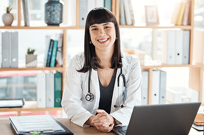 Buy stock photo Doctor, portrait and smile of woman in hospital office ready for healthcare and wellness. Medical professional, health and happy female physician from Canada with laptop for research and telehealth.