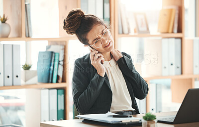 Buy stock photo Phone call, office and business woman with neck pain, injury or accident on a telehealth consultation. Corporate, professional and female employee with a back muscle sprain  working in the workplace.