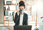 Business, drinking coffee and woman with laptop, planning and online reading for project, schedule and proposal. Female employee, manager and leader with tea, device or digital sales in modern office