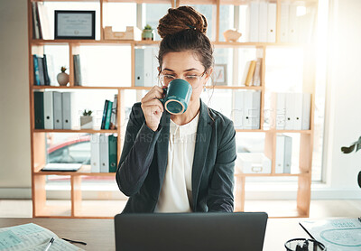 Buy stock photo Business, drinking coffee and woman with laptop, planning and online reading for project, schedule and proposal. Female employee, manager and leader with tea, device or digital sales in modern office
