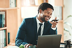 Office, laptop and black man on phone call at desk with smile, crm and b2b communication at advisory startup. Business manager, conversation and networking, happy businessman speaking with smartphone