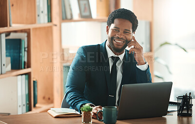 Buy stock photo Happy, laptop or black man networking on a phone call with smile, crm or b2b communication at startup. Manager, conversation or businessman talking, discussion or speaking of our vision or goals