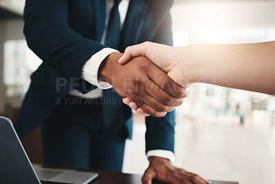 Buy stock photo Handshake, teamwork and partnership collaboration in office for contract, deal or onboarding. Thank you, welcome or business people shaking hands for hiring, recruitment or agreement, b2b or greeting