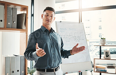 Buy stock photo Businessman, coaching and whiteboard in FAQ, presentation or leadership at office workshop. Male leader, coach or mentor speaking in staff training for marketing, planning or corporate strategy
