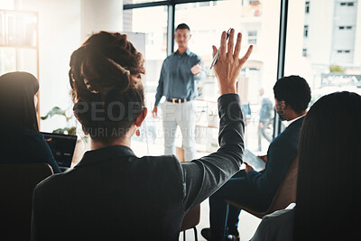 Buy stock photo Businessman, coaching and presentation with audience in FAQ, answer or leadership at office workshop. Male leader speaking in staff training with hand raised for marketing, planning or strategy idea