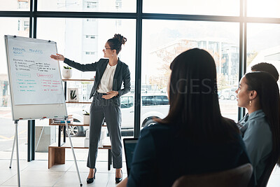 Buy stock photo Business woman, coaching and whiteboard in presentation idea or leadership at office workshop. Female leader, coach or mentor speaking in staff training for marketing, planning or corporate strategy