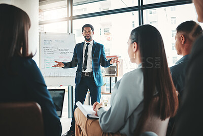 Buy stock photo Businessman, coaching and whiteboard in FAQ, presentation or leadership at office workshop. Black male leader, coach or mentor speaking in staff training for marketing, planning or corporate strategy