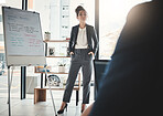 Businesswoman, coaching and whiteboard in presentation, leadership or FAQ at office workshop. Female leader, coach or mentor speaking in staff training for marketing, planning or corporate strategy