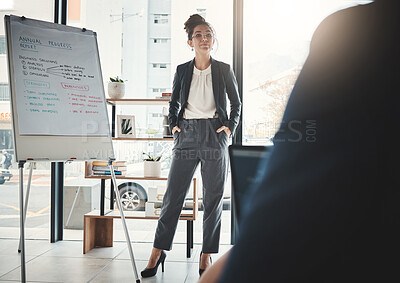Buy stock photo Businesswoman, coaching and whiteboard in presentation, leadership or FAQ at office workshop. Female leader, coach or mentor speaking in staff training for marketing, planning or corporate strategy
