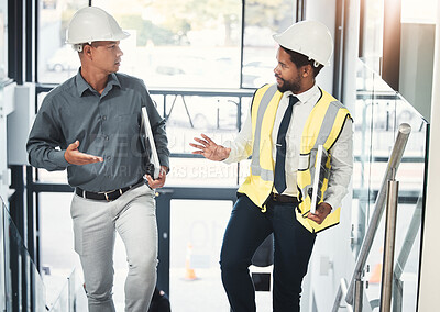 Buy stock photo Engineer, architect and team talking and planning construction for project management. Diversity men together on office stairs for collaboration strategy on engineering, architecture and vision plan