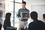Solar panels, sustainability and man expert in presentation, pitch and conference about renewable energy meeting. Businessman, briefing and teaching corporate people sustainable electricity