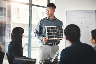 Buy stock photo Solar panels, sustainability and man expert in presentation, pitch and conference about renewable energy meeting. Businessman, briefing and teaching corporate people sustainable electricity